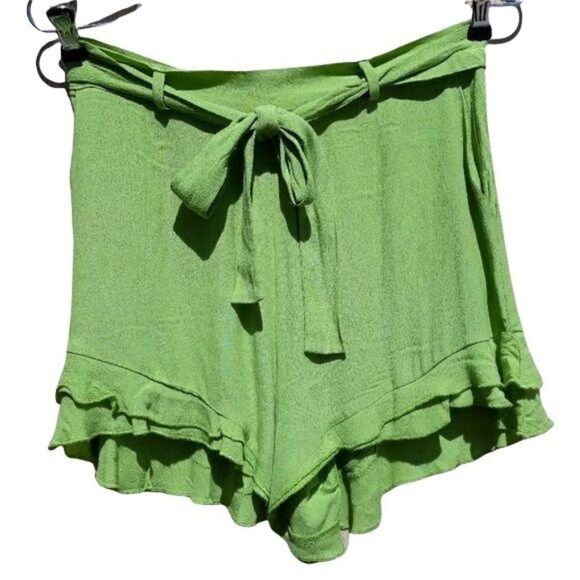 June & Hudson Shorts High Waisted Paperbag Tie Waist Cheeky Ruffle Hem Lime Sz S - Picture 1 of 8
